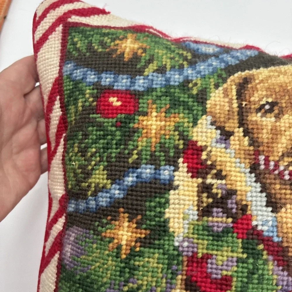 Vintage Christmas Needlepoint Pillow Golden Retriever Puppy in Boot Red Velvet